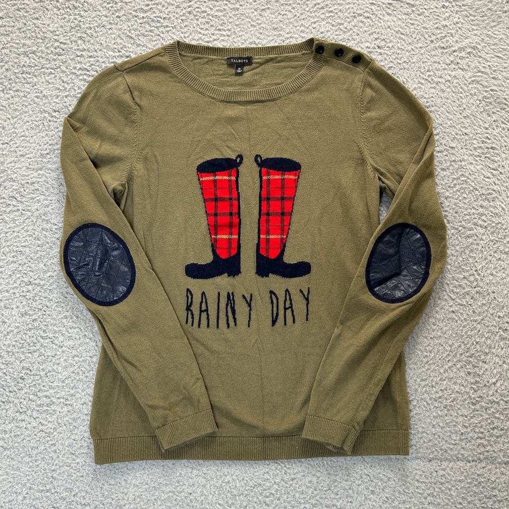 Talbots‎ Sweater Womens Medium Green Rainy Day Rain Boot Novelty Elbow Patch